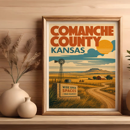 Framed vintage travel poster for Comanche County, Kansas with windmill and fields.