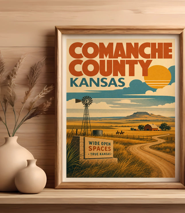 Framed vintage travel poster for Comanche County, Kansas with windmill and fields.