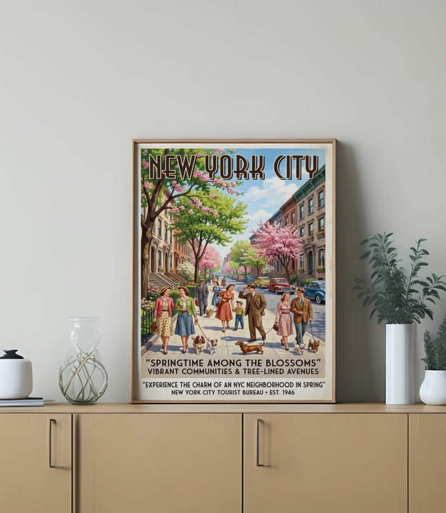 New York City spring travel poster showing people and dogs on a tree-lined street.