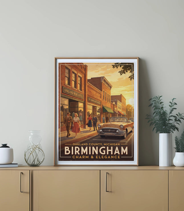 Poster of Birmingham, Oakland County, Michigan, featuring a vintage Buick and shops.