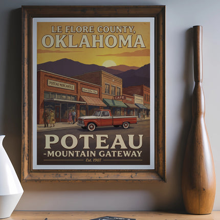 Vintage poster of Poteau, Oklahoma, featuring a retro truck and storefronts.