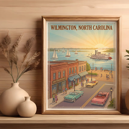 Wilmington, North Carolina scene with riverboats and vintage cars.