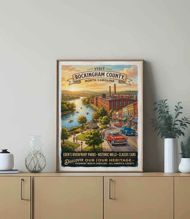 Poster: Visit Rockingham County, NC, featuring river, mills, cars, and text.