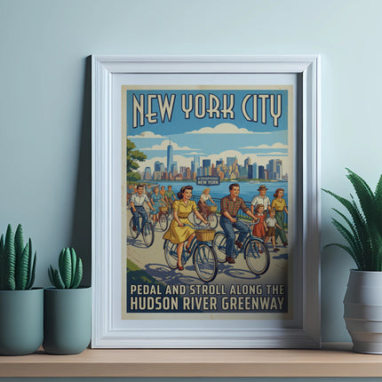 New York City art print with people cycling and walking on Hudson River Greenway.
