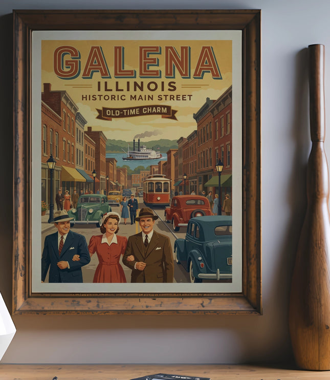 Galena, Illinois historic main street poster with vintage cars, trolley, and steamship.