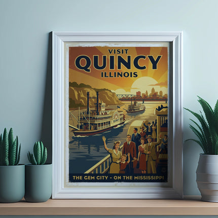 Visit Quincy Illinois poster featuring a paddleboat and cityscape.