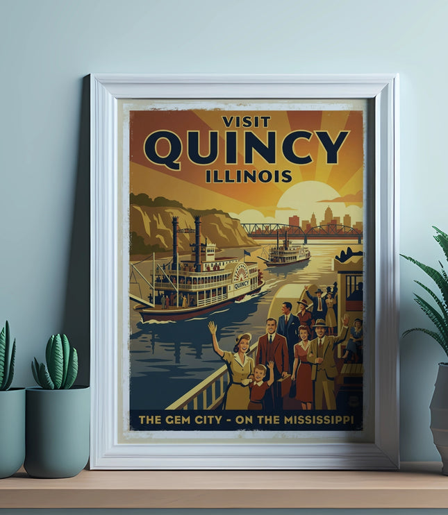 Visit Quincy Illinois poster featuring a paddleboat and cityscape.