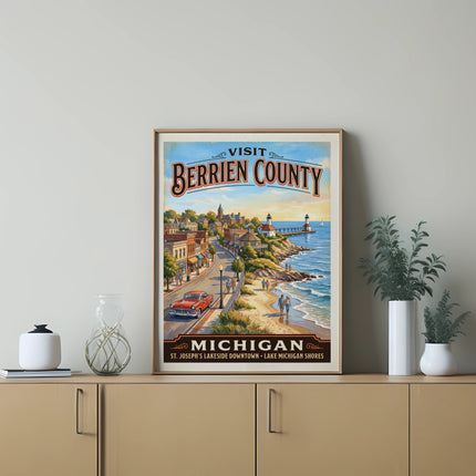 Retro poster of Berrien County, Michigan showing St. Joseph's lakeside downtown and Lake Michigan shores.