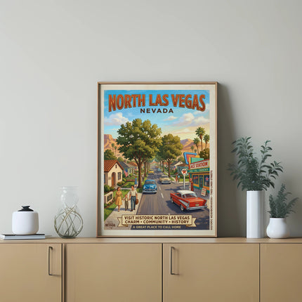 North Las Vegas Nevada vintage travel poster with a street scene and family.