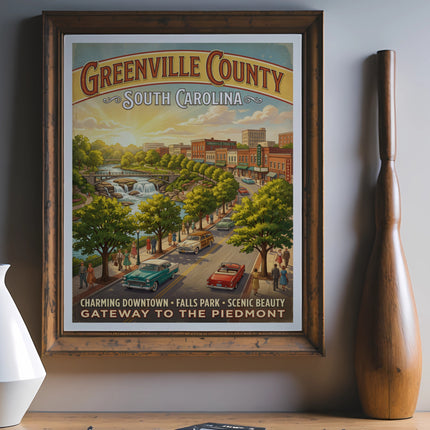 Greenville County, South Carolina vintage travel poster with iconic downtown and waterfall scene.