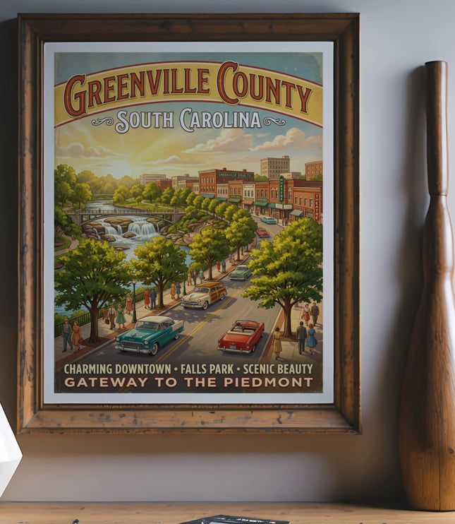 Greenville County, South Carolina vintage travel poster with iconic downtown and waterfall scene.