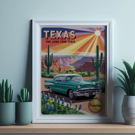 Retro Texas landscape with vintage car and cactus, framed art print.