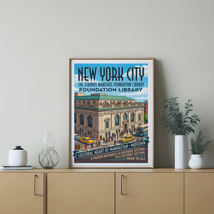 New York City Stavros Niarchos Foundation Library poster with yellow taxi.