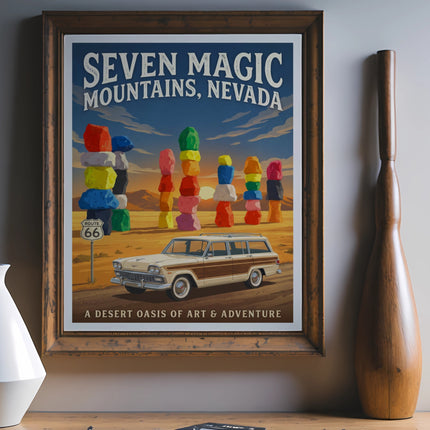 Seven Magic Mountains Nevada poster with vintage car and Route 66 sign.