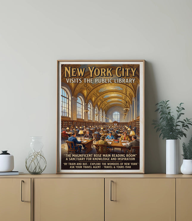 New York City Public Library vintage travel poster, showing reading room.