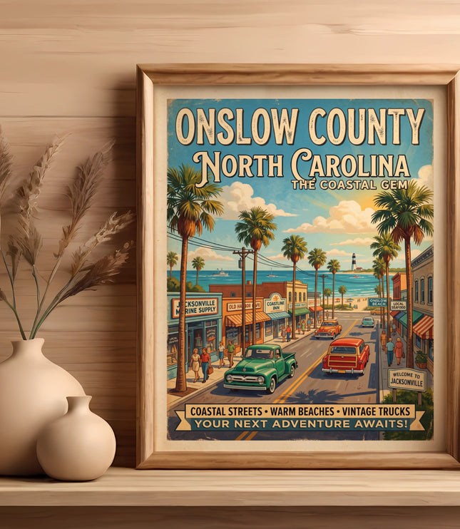 Onslow County North Carolina coastal gem: coastal streets, beaches, vintage trucks.