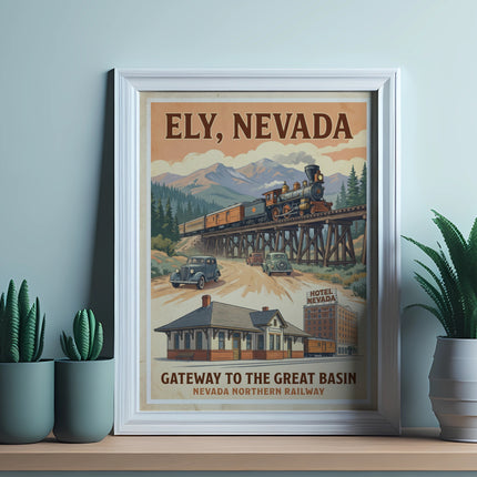 Ely, Nevada vintage travel poster showing train, cars, Hotel Nevada, and Great Basin gateway.