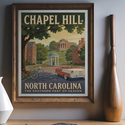 Chapel Hill North Carolina retro travel poster with buildings, car, and bicycles.
