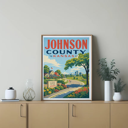 Vintage Johnson County Kansas travel poster with a colorful, idealized street scene.