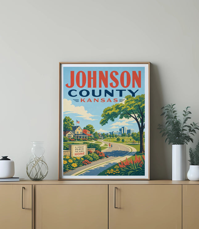 Vintage Johnson County Kansas travel poster with a colorful, idealized street scene.