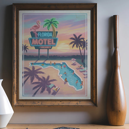 Retro Florida Motel vacancy sign with swimming pool and palm trees.