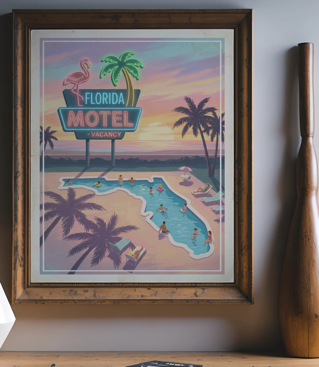 Retro Florida Motel vacancy sign with swimming pool and palm trees.