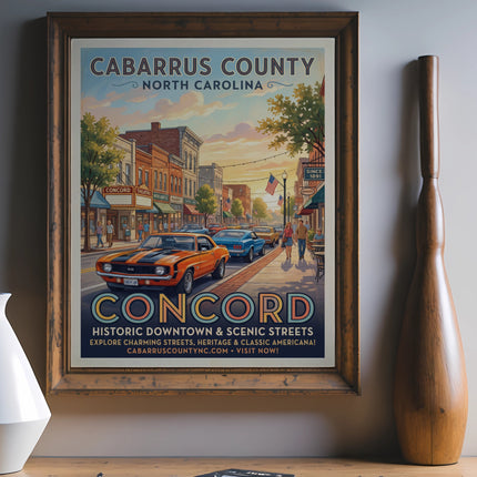 Concord North Carolina poster featuring classic cars and historic downtown scene.