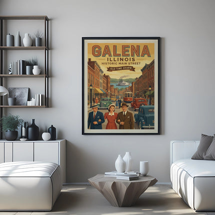 Vintage poster of Galena, Illinois historic main street with people and trolley.