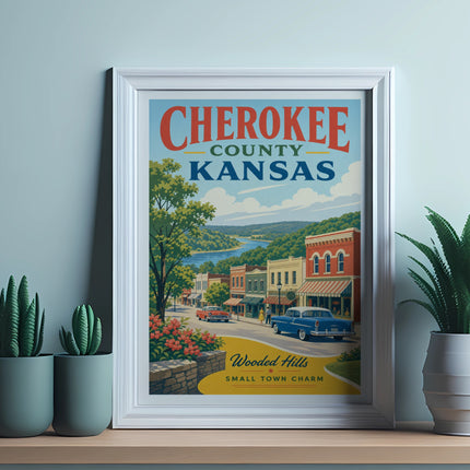 Cherokee County Kansas small town charm poster with vintage cars and buildings.