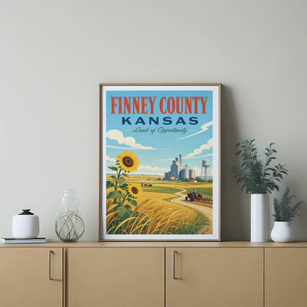Finney County Kansas Land of Opportunity poster with sunflowers and farm.