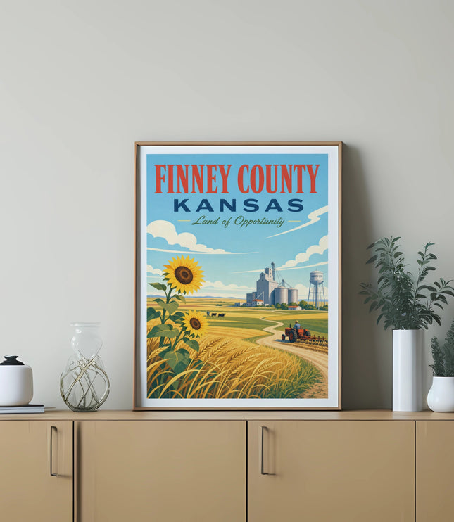 Finney County Kansas Land of Opportunity poster with sunflowers and farm.