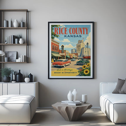 Vintage travel poster for Rice County, Kansas, featuring Lyons.