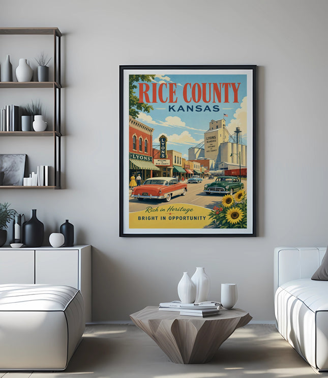 Vintage travel poster for Rice County, Kansas, featuring Lyons.