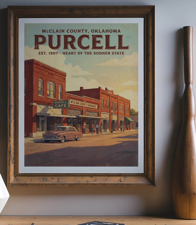 Purcell, Oklahoma vintage poster of Main Street with cafe and hardware store.