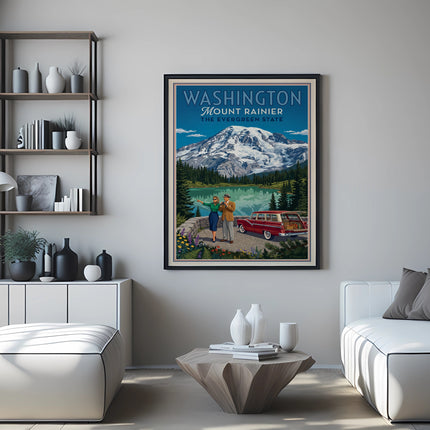 Poster of Mount Rainier, Washington with a couple and red station wagon.