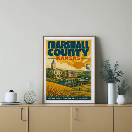 Marshall County, Kansas vintage travel poster with sun, wheat fields, and town buildings.