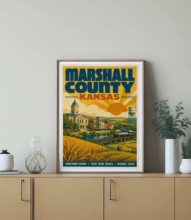 Marshall County, Kansas vintage travel poster with sun, wheat fields, and town buildings.