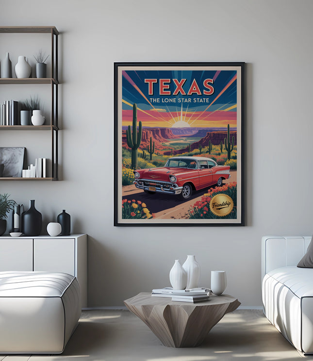 Framed Texas Lone Star State poster featuring a retro car and desert landscape.