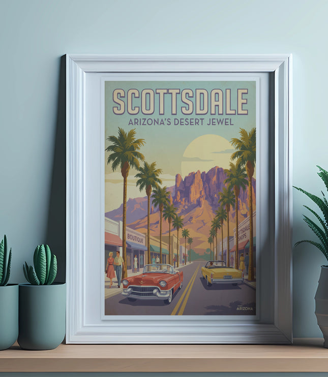 Framed Scottsdale Arizona Desert Jewel poster with vintage cars and palm trees.