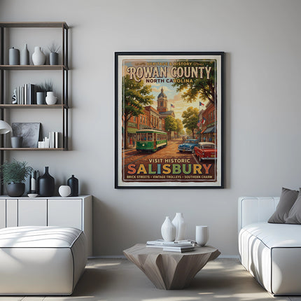 Vintage poster of Rowan County, North Carolina, featuring a street scene with a trolley and cars.