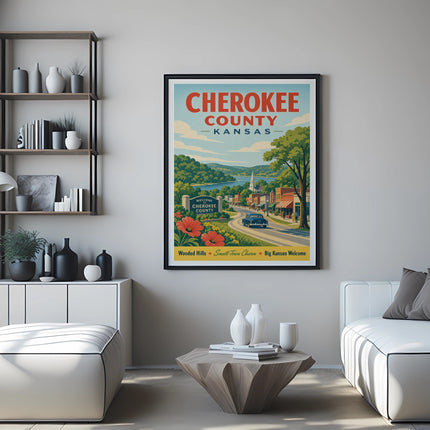 Cherokee County Kansas travel poster with wooded hills and small-town charm.