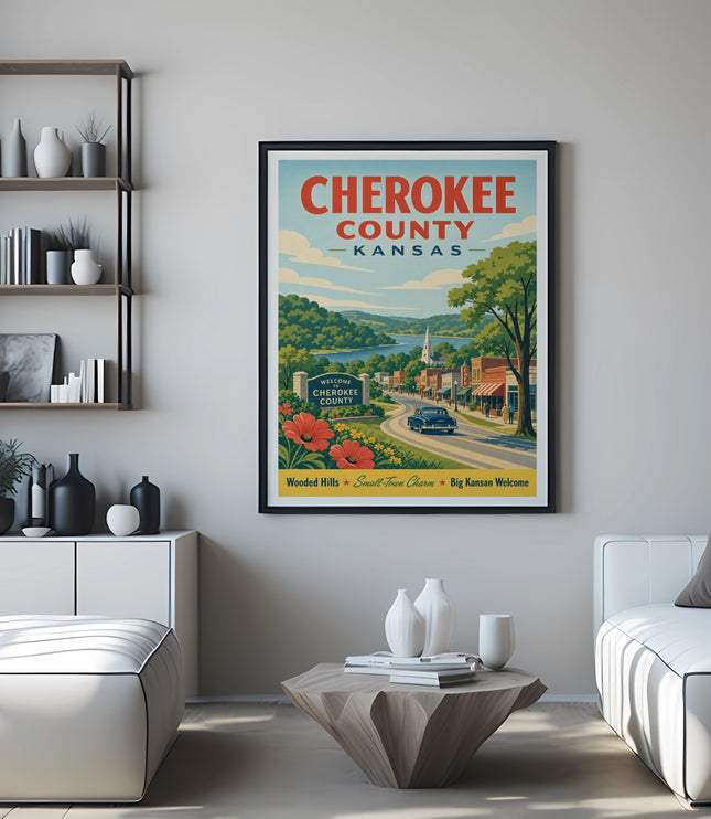 Cherokee County Kansas travel poster with wooded hills and small-town charm.