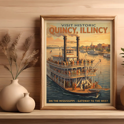 Vintage poster of the Quincy Queen paddleboat on the Mississippi River.