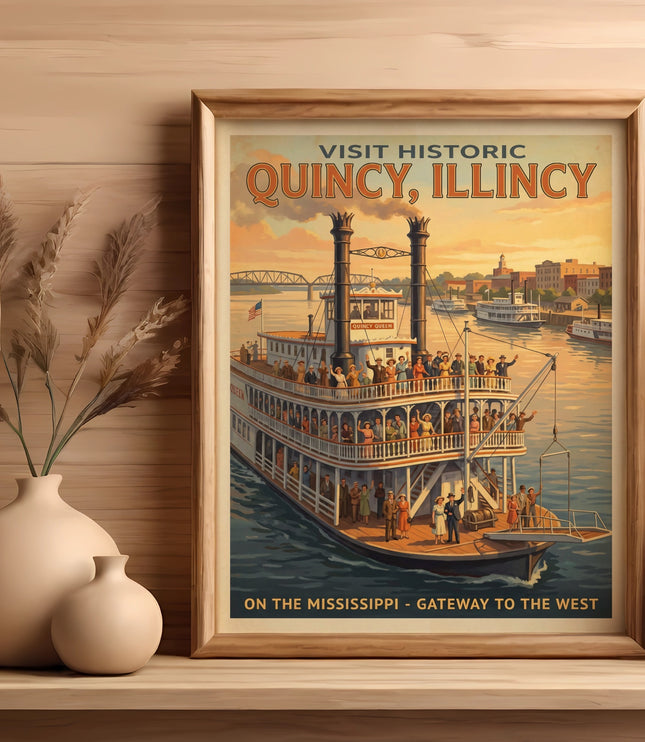 Vintage poster of the Quincy Queen paddleboat on the Mississippi River.