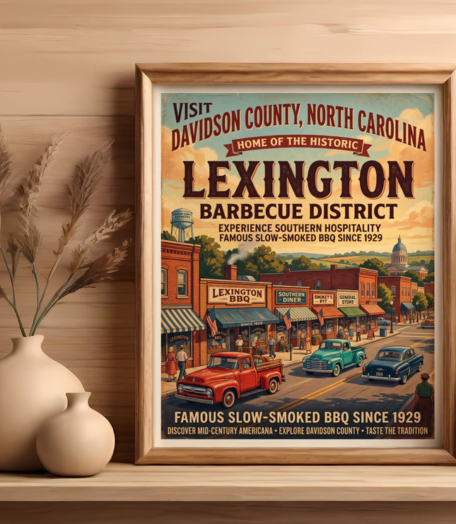 Davidson County, NC Lexington Barbecue District vintage poster with trucks and diners.
