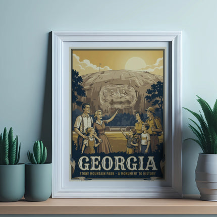 Framed vintage travel poster of Stone Mountain, Georgia, with a family.