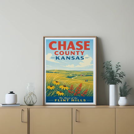 Chase County Kansas Flint Hills poster with sunflowers and red flowers.
