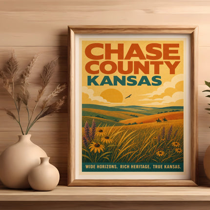 Framed Chase County Kansas poster with rolling hills, sunflowers, and text "CHASE COUNTY KANSAS. WIDE HORIZONS. RICH HERITAGE. TRUE KANSAS."