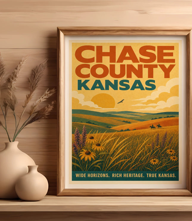 Framed Chase County Kansas poster with rolling hills, sunflowers, and text "CHASE COUNTY KANSAS. WIDE HORIZONS. RICH HERITAGE. TRUE KANSAS."
