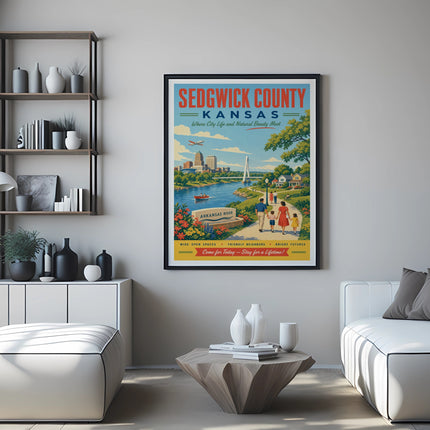 Sedgwick County, Kansas vintage travel poster featuring river and cityscape.